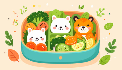 Fototapeta premium Cute Animal Bento Box Lunch Illustration with Healthy Fresh Vegetables and Fruits for Kids' Meal