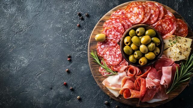 Cured meat, cheese and olive appetizer on round wooden serving board