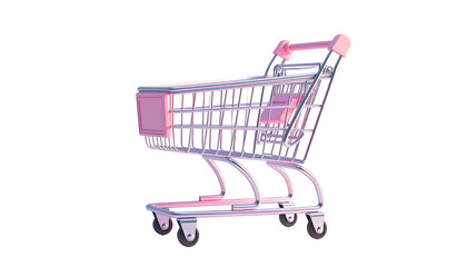 Pink and white shopping cart against black backdrop, side view, simple and clean