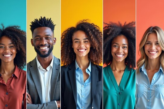 Colorful background complements diverse group of smiling business professionals in vibrant panoramic collage photo - Powered by Adobe
