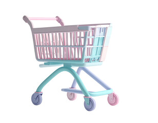 Pastel-colored shopping cart with pink, blue, and gray hues against black