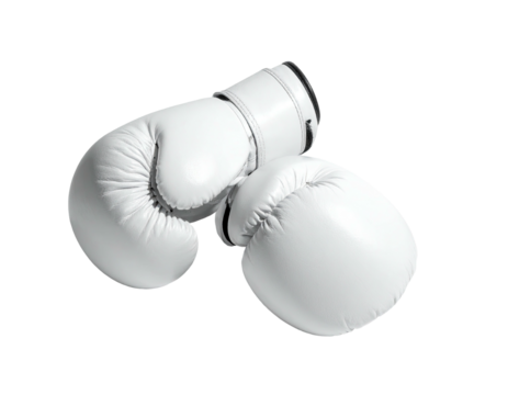 Isolated boxing gloves in white, resting against each other. Black backdrop