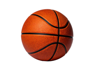 A textured orange and black basketball with black lines and a black background