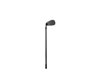 A solitary golf club poised vertically against a stark black background