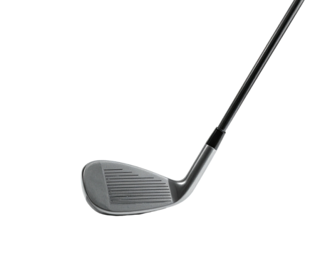 Golf club iron, angled, isolated on black, showing clubface grooves