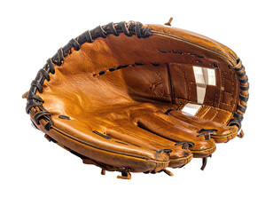 Close-up of a well-worn baseball glove, brown leather against a dark background