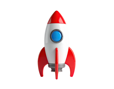 A colorful, cartoon rocket ship, white and red, with a blue porthole