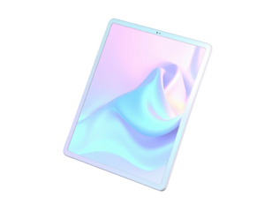 Angled tablet with colorful fluid design on screen, set against a black background