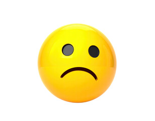 A 3D-rendered, yellow, sad emoji face with black eyes and curved mouth