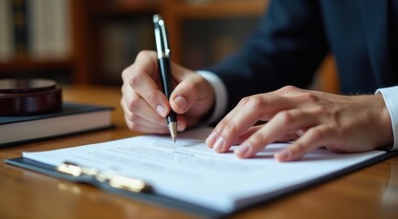 Lawyer’s hand writing notes with fountain pen on legal pad