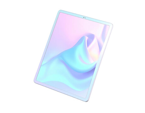 Angled tablet with colorful fluid design on screen, set against a black background