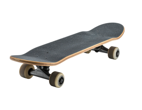 A skateboard isolated on black, angled to show detail of the deck and wheels