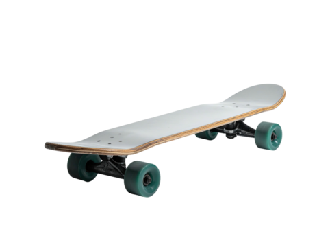 A long, white skateboard with green wheels angled slightly in front of a black background