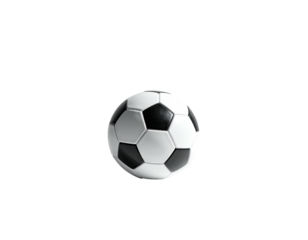 A classic soccer ball, black and white, is isolated against a stark black background