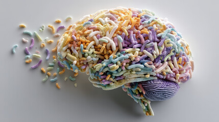 Colorful microbe diversity ring brain shape, pastel bacteria, creative science concept, playful and imaginative mood