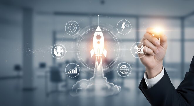 Business Startup Concept: Rocket Launch and Digital Icons