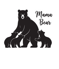  Mama Bear Text with Mother and Cubs Silhouette - Family Love Vector Illustration