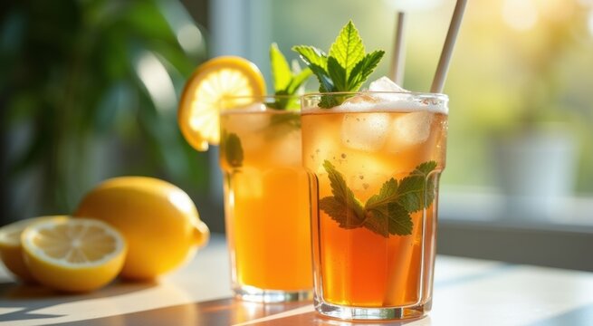 Iced tea drinks styled with lemon wedges and mint leaves