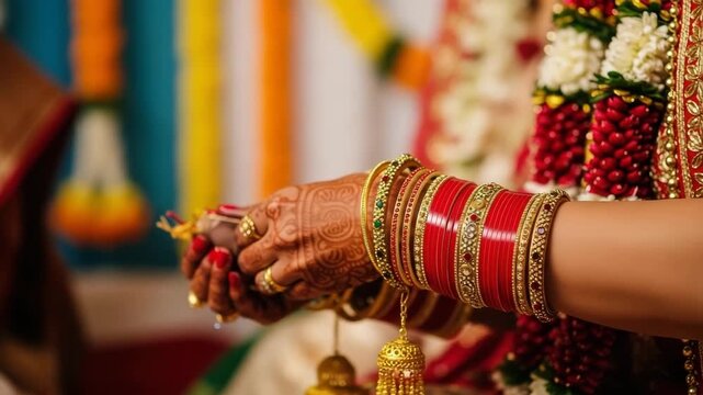 Closeup of an indian brides hands adorned with traditional bangles and henna, performing a wedding ritual with vibrant colors and cultural significance ai generated vedio