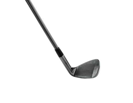 A metallic golf club iron angled, isolated on black background