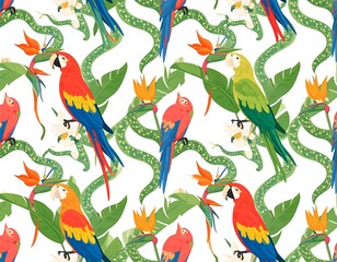 Tropical parrot pattern on a white background.  Colorful birds and flowers