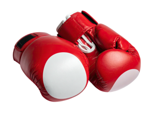 Two red leather boxing gloves isolated on black, positioned facing the viewer