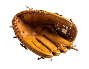 A well-worn, open leather glove, showcasing stitching and a pocket for a ball