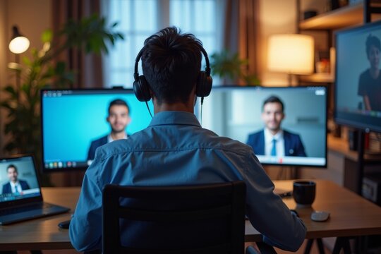 Young businessman in boxer shorts and dress shirt using headphones for video conference in home office with panoramic view