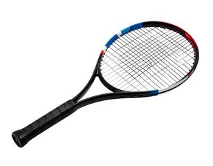A tennis racket, with color accents on the head, lies at an angle on a black background