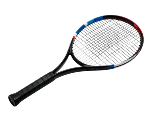 A tennis racket, with color accents on the head, lies at an angle on a black background