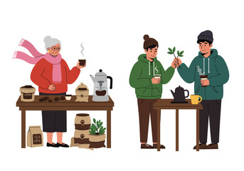 Two scenes of people at an outdoor coffee stall. Perfect for food and beverage promotions, coffee shops, or relaxing lifestyle concepts.