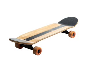 Wooden skateboard with black grip tape, orange wheels, and black trucks, angled