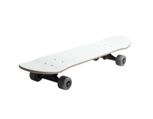 A white skateboard on a black background. Four wheels, black trucks, neutral tones
