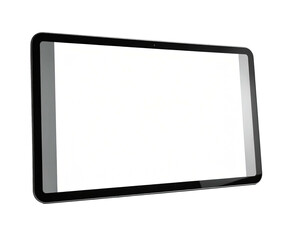 Angled view of a sleek, black, rectangular device with a bright, blank screen