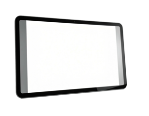 Angled view of a sleek, black, rectangular device with a bright, blank screen