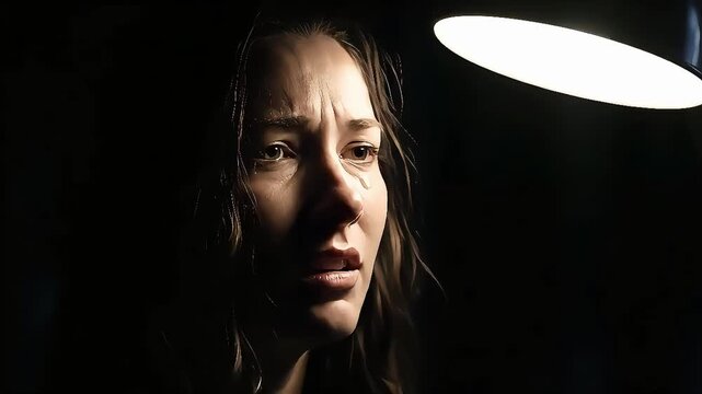 Dramatic close-up of a distressed woman's face revealed from the dark as her hood is removed, a tear
