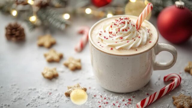 Festive hot beverage with whipped cream and candy cane, cookies, ornaments