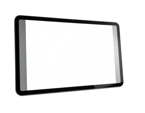 Angled view of a sleek, black, rectangular device with a bright, blank screen