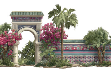 Fototapeta premium Pixel Art Landscape with Ornate Archway Red Flowers and Palm Trees on Transparent Background
