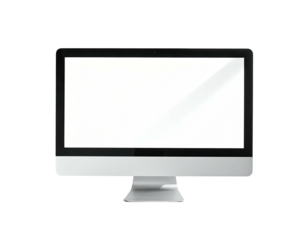 Modern all-in-one computer monitor with a blank white screen, black frame, and stand