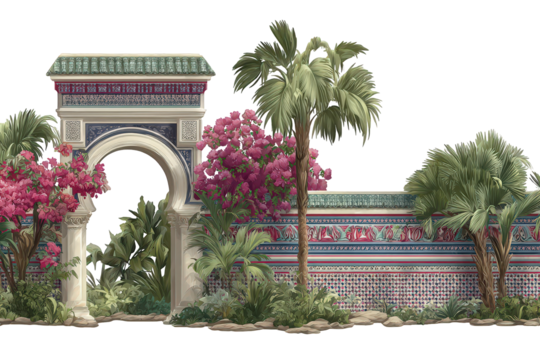 Pixel Art Landscape with Ornate Archway Red Flowers and Palm Trees on Transparent Background