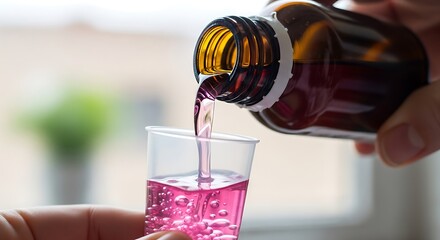 Pouring pink liquid medicine from a dark glass bottle into a clear plastic cup