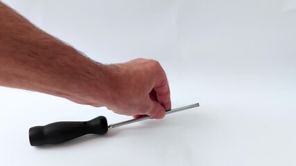Minimalist shot: hand and screwdriver on white. Perfect for tutorials, tool demos, or clean workspace visuals - Powered by Adobe