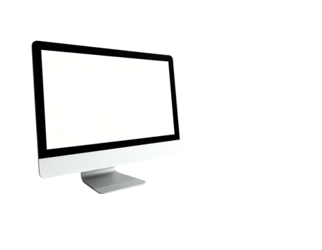 Sleek, modern all-in-one computer with a blank, white screen on black background