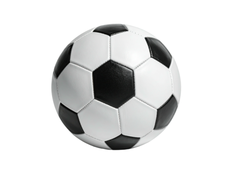 A classic, round soccer ball with black pentagons and white hexagons