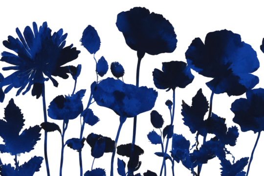 Abstract Blue Watercolor Floral Silhouette Illustration on Transparent Background Isolated Field of Flowers with Dark Indigo Petals and Stems Artistic Botanical Decorative Design - Powered by Adobe