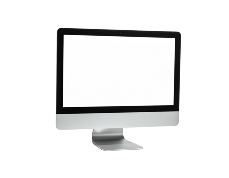 Modern silver desktop computer with a blank white screen, isolated on black