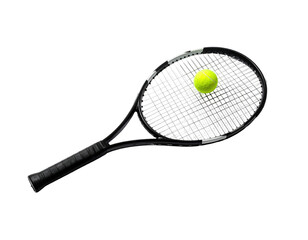 A black tennis racquet and a yellow ball on a black background