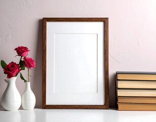 Elegant Empty Picture Frame with Roses and Books.