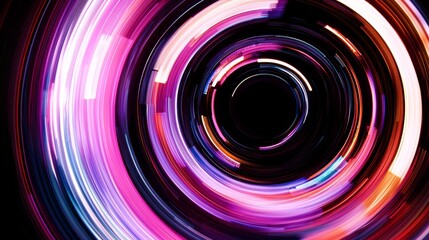 Colorful light trails create a dynamic swirl effect in a dark setting with vibrant hues and motion